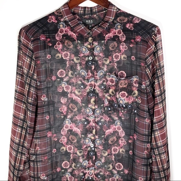 ABS Allen Schwartz Floral Plaid Sheer Blouse M - Picture 5 of 16